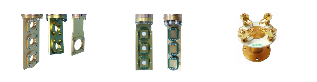 带单孔、双孔和三孔的光学样品托(左)、三个带、不带通孔的8pin puck样品托(中)、水平四探针样品托(用于太阳能电池测试)(右).png