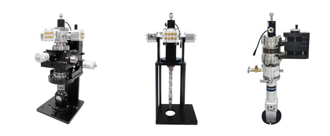 集成24路SMA、24根同轴电缆、三维线性操作器和3个8pin puck样品托的S-100低温恒温器和低温插芯(放置在换样支架上),匹配Bruker 80V 光谱仪(左、中)、集成垂直线性操作器安装Mylar窗,用于穆斯堡尔谱实验(右).png